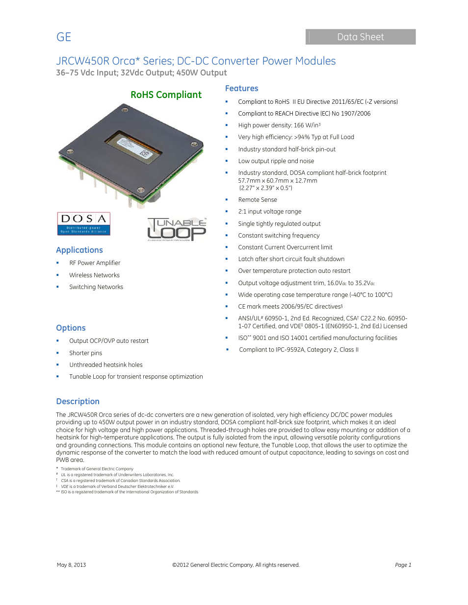 GE Industrial Solutions JRCW450R Orca Series User Manual | 15 pages
