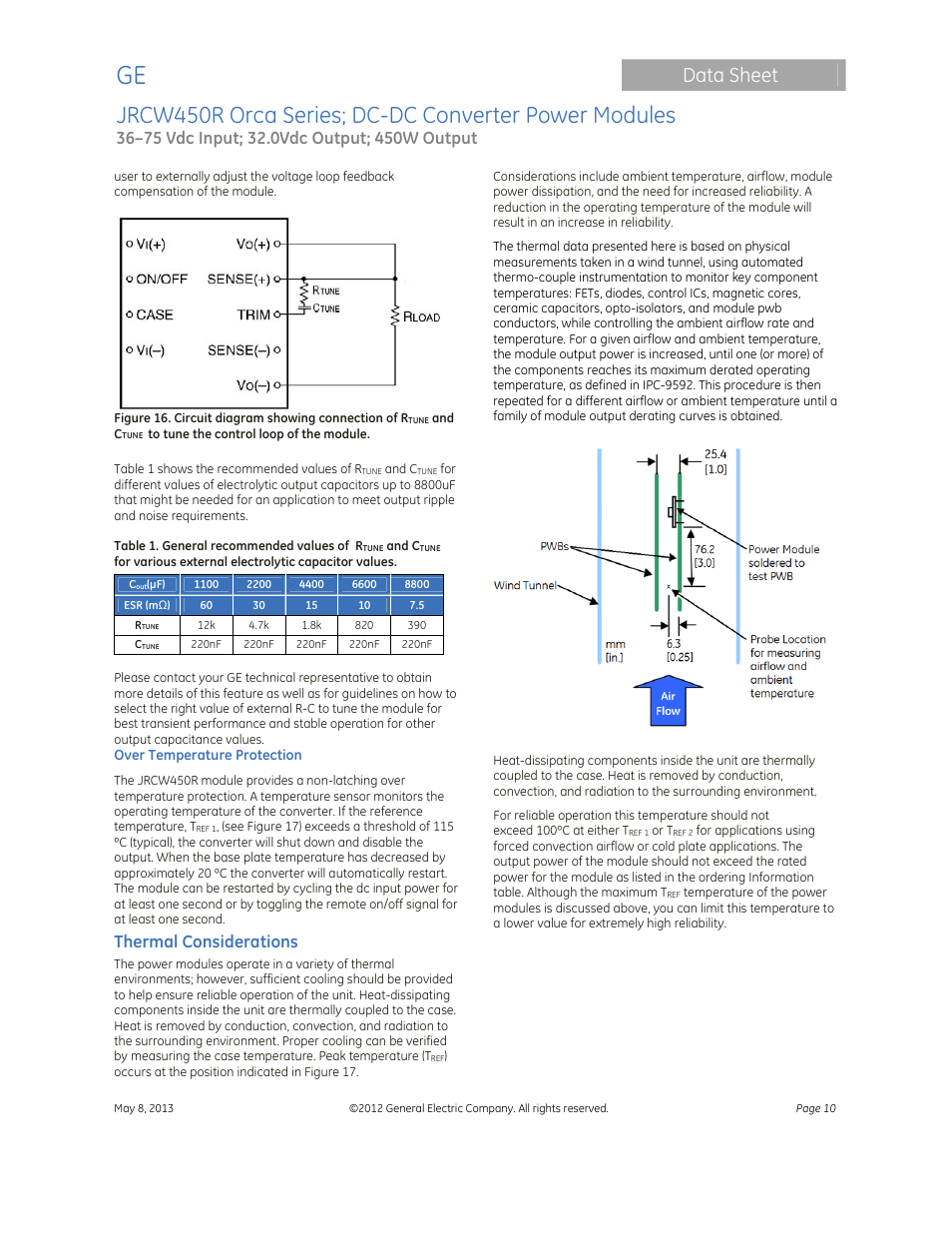 Data sheet, Thermal considerations | GE Industrial Solutions JRCW450R Orca Series User Manual | Page 10 / 15