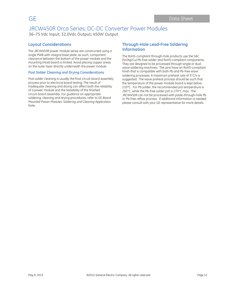 Data sheet | GE Industrial Solutions JRCW450R Orca Series User Manual | Page 12 / 15