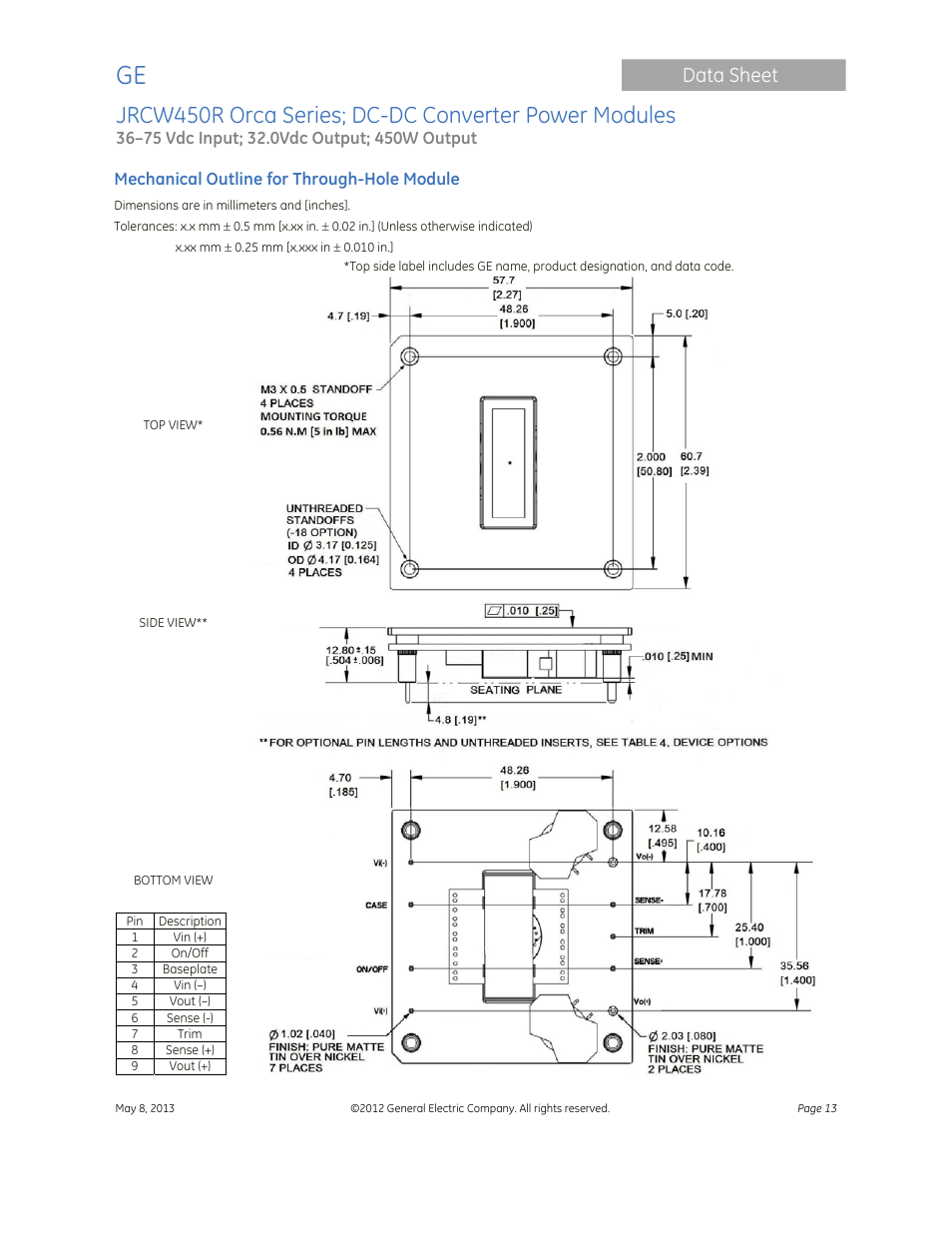 Data sheet | GE Industrial Solutions JRCW450R Orca Series User Manual | Page 13 / 15
