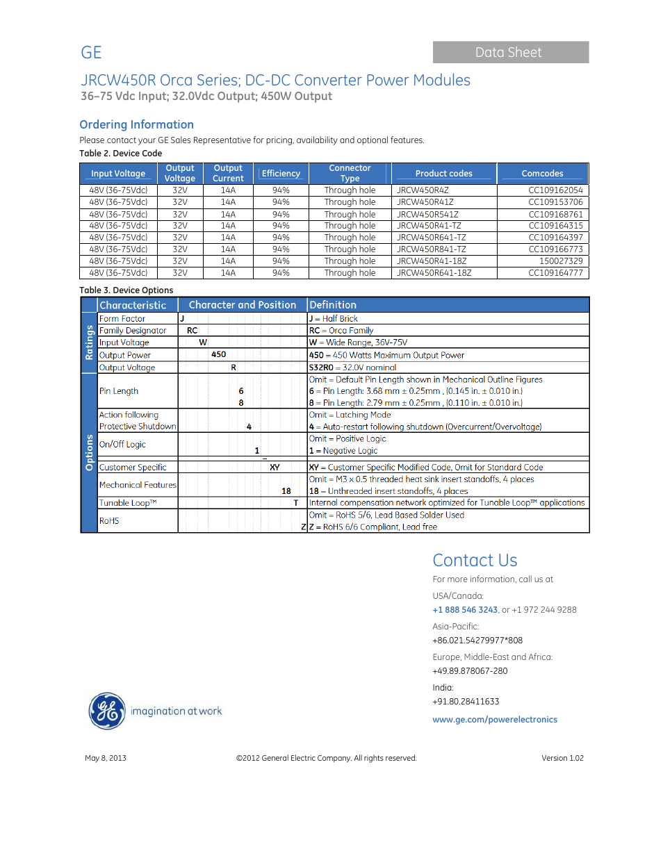 Contact us, Data sheet | GE Industrial Solutions JRCW450R Orca Series User Manual | Page 15 / 15