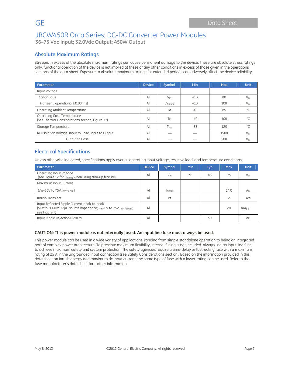 Data sheet, Absolute maximum ratings, Electrical specifications | GE Industrial Solutions JRCW450R Orca Series User Manual | Page 2 / 15