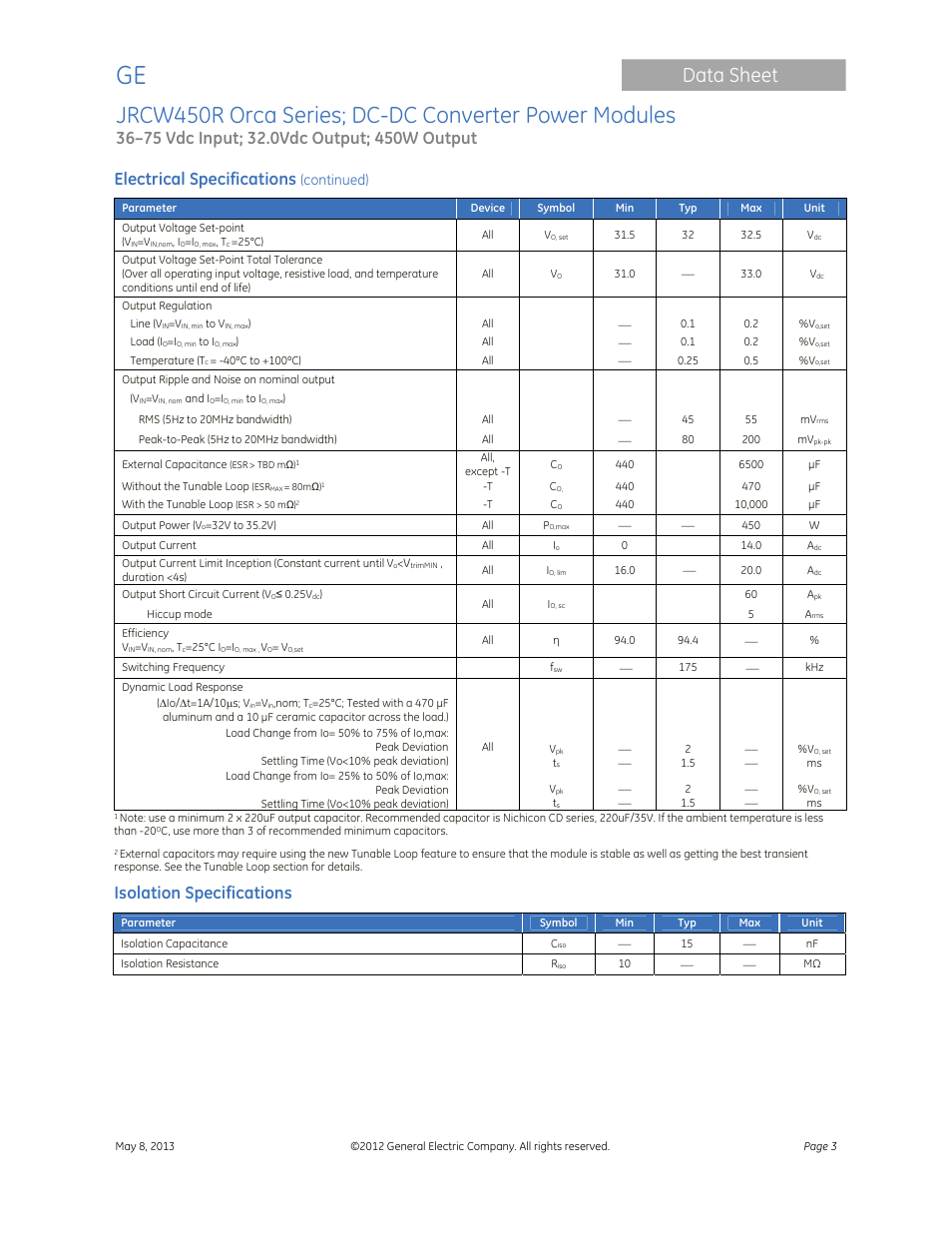 Data sheet, Electrical specifications, Isolation specifications | Continued) | GE Industrial Solutions JRCW450R Orca Series User Manual | Page 3 / 15