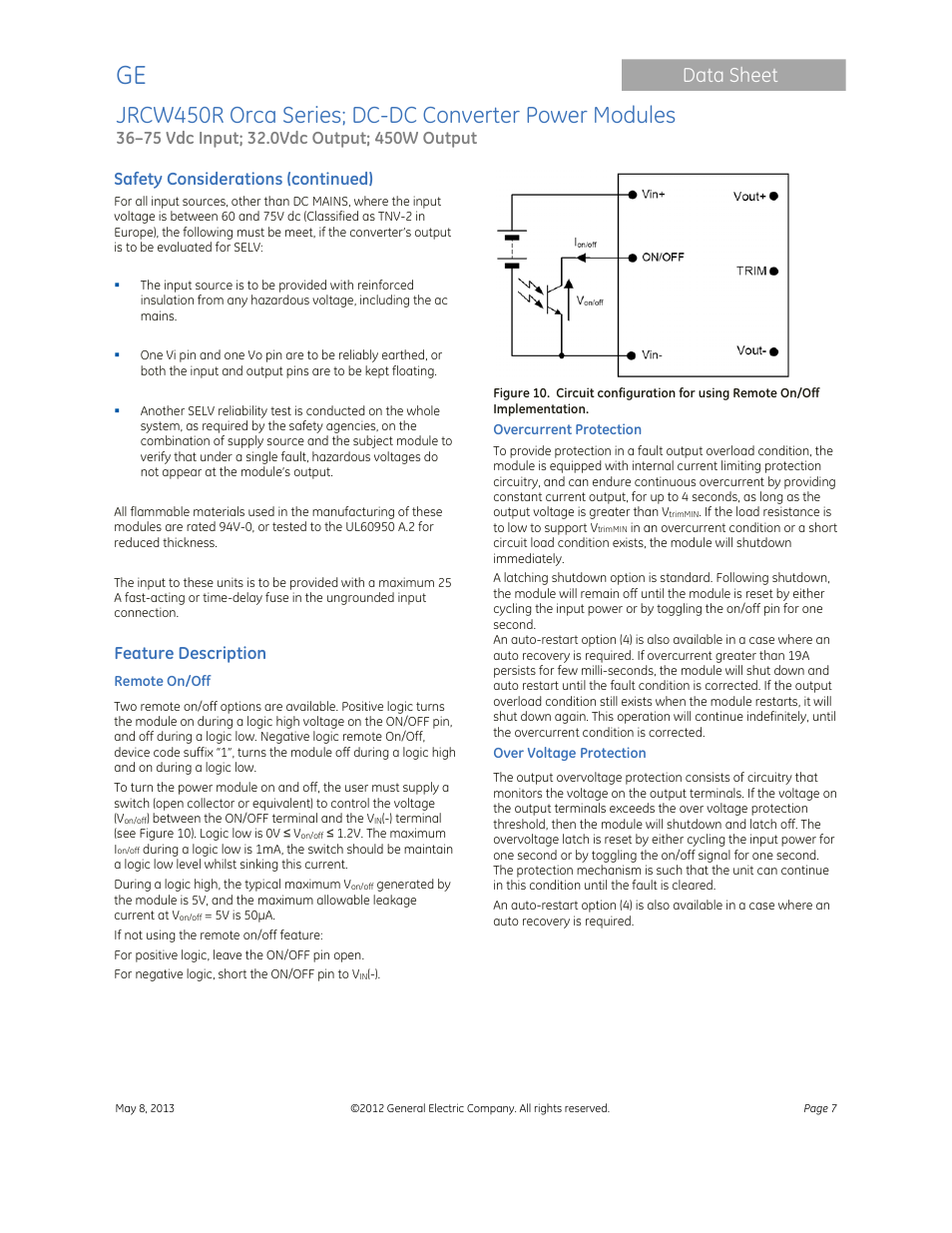 Data sheet, Safety considerations (continued), Feature description | GE Industrial Solutions JRCW450R Orca Series User Manual | Page 7 / 15