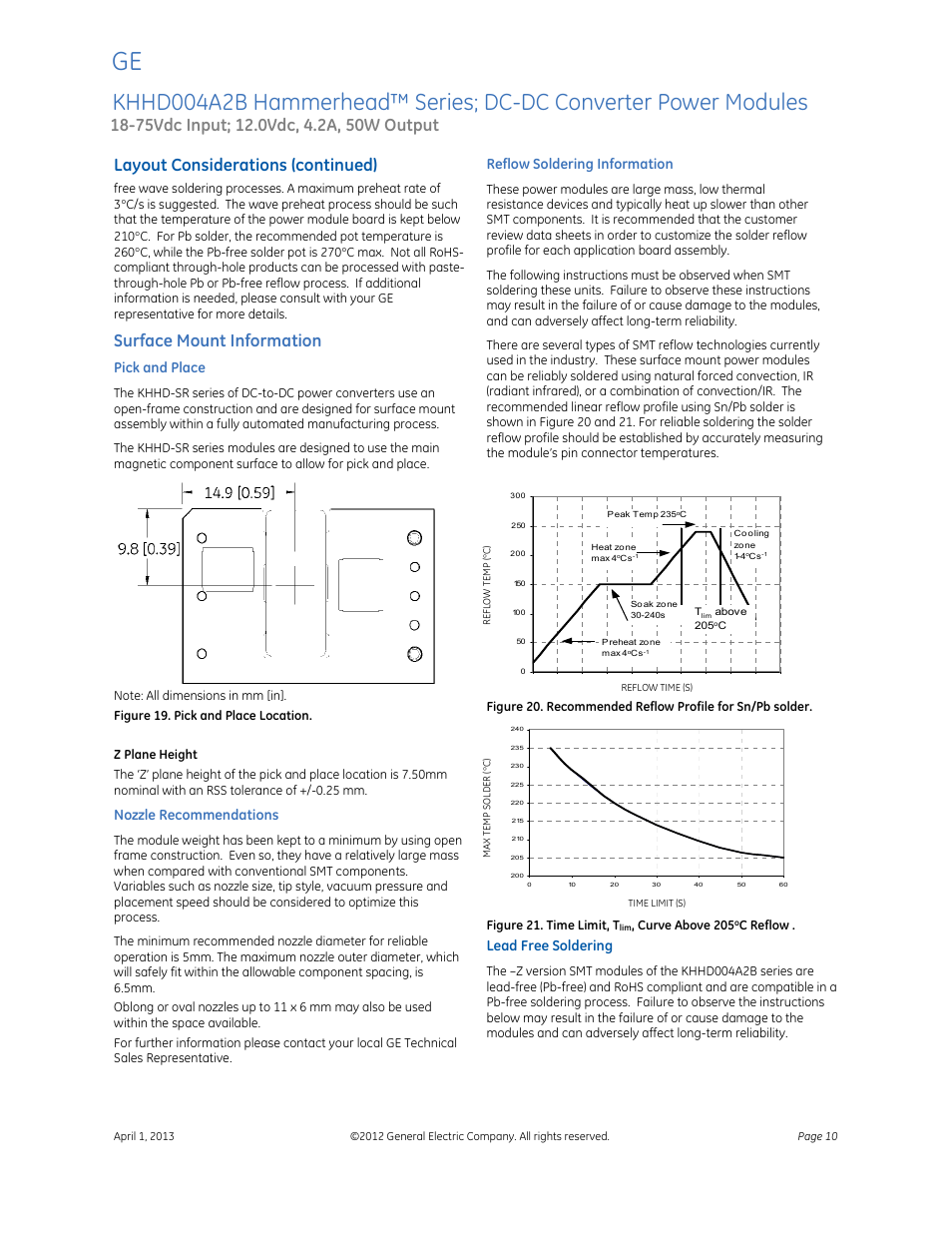 Data sheet, Layout considerations (continued), Surface mount information | Pick and place, Nozzle recommendations, Reflow soldering information, Lead free soldering | GE Industrial Solutions KHHD004A2B Hammerhead Series User Manual | Page 10 / 16