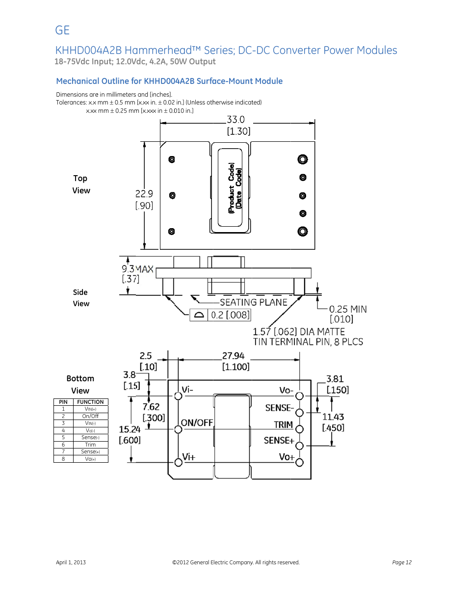 Khhd004, 4a2b ha, Ammerhe | Ead™ se, Eries; dc, Dc con, Nverter p, Ower mo, Odules, Data she | GE Industrial Solutions KHHD004A2B Hammerhead Series User Manual | Page 12 / 16