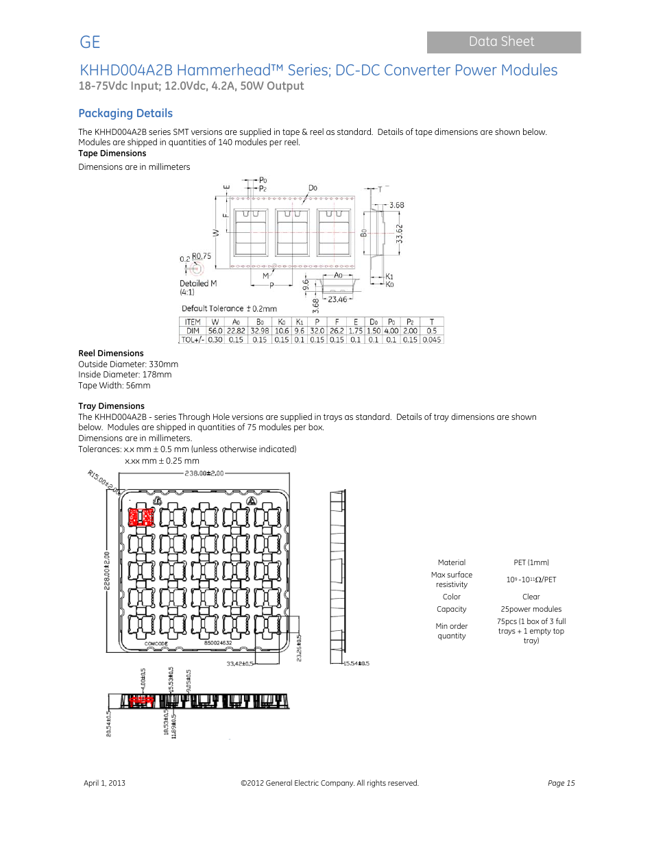 Data sheet | GE Industrial Solutions KHHD004A2B Hammerhead Series User Manual | Page 15 / 16