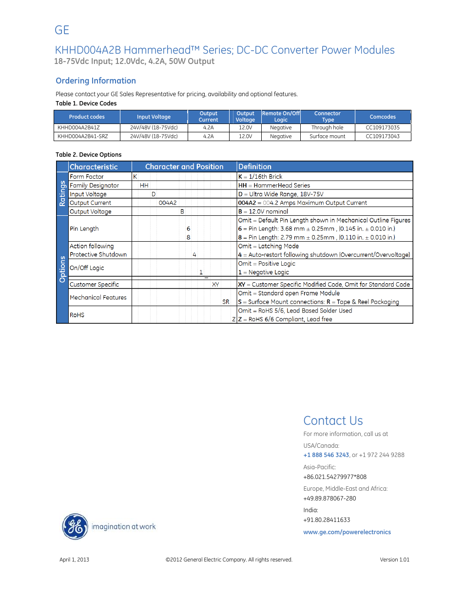 Contact us, Data sheet, Ordering information | GE Industrial Solutions KHHD004A2B Hammerhead Series User Manual | Page 16 / 16