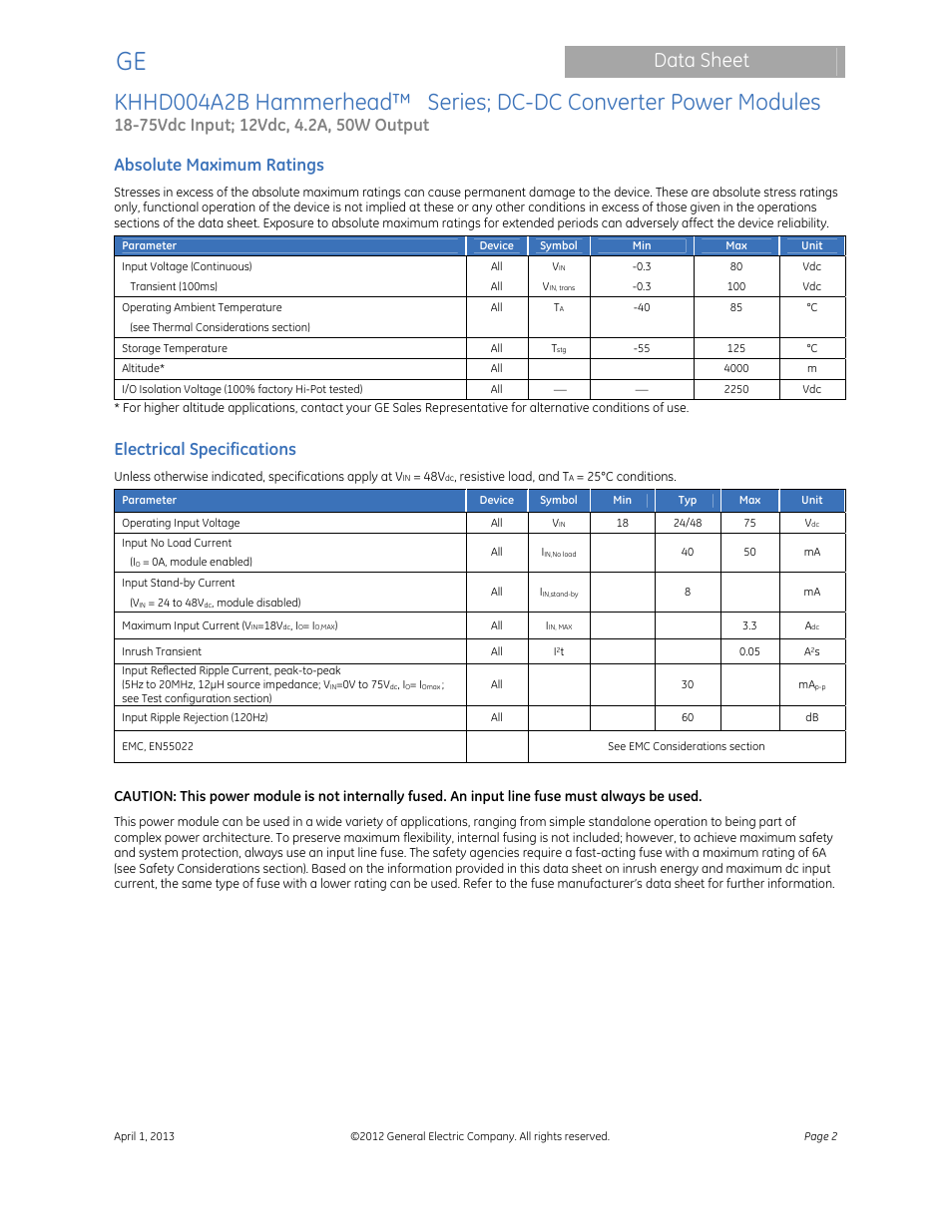 Data sheet, Absolute maximum ratings, Electrical specifications | GE Industrial Solutions KHHD004A2B Hammerhead Series User Manual | Page 2 / 16