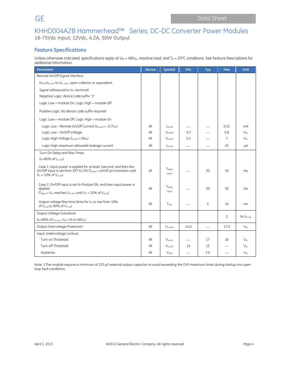 Data sheet, Feature specifications | GE Industrial Solutions KHHD004A2B Hammerhead Series User Manual | Page 4 / 16