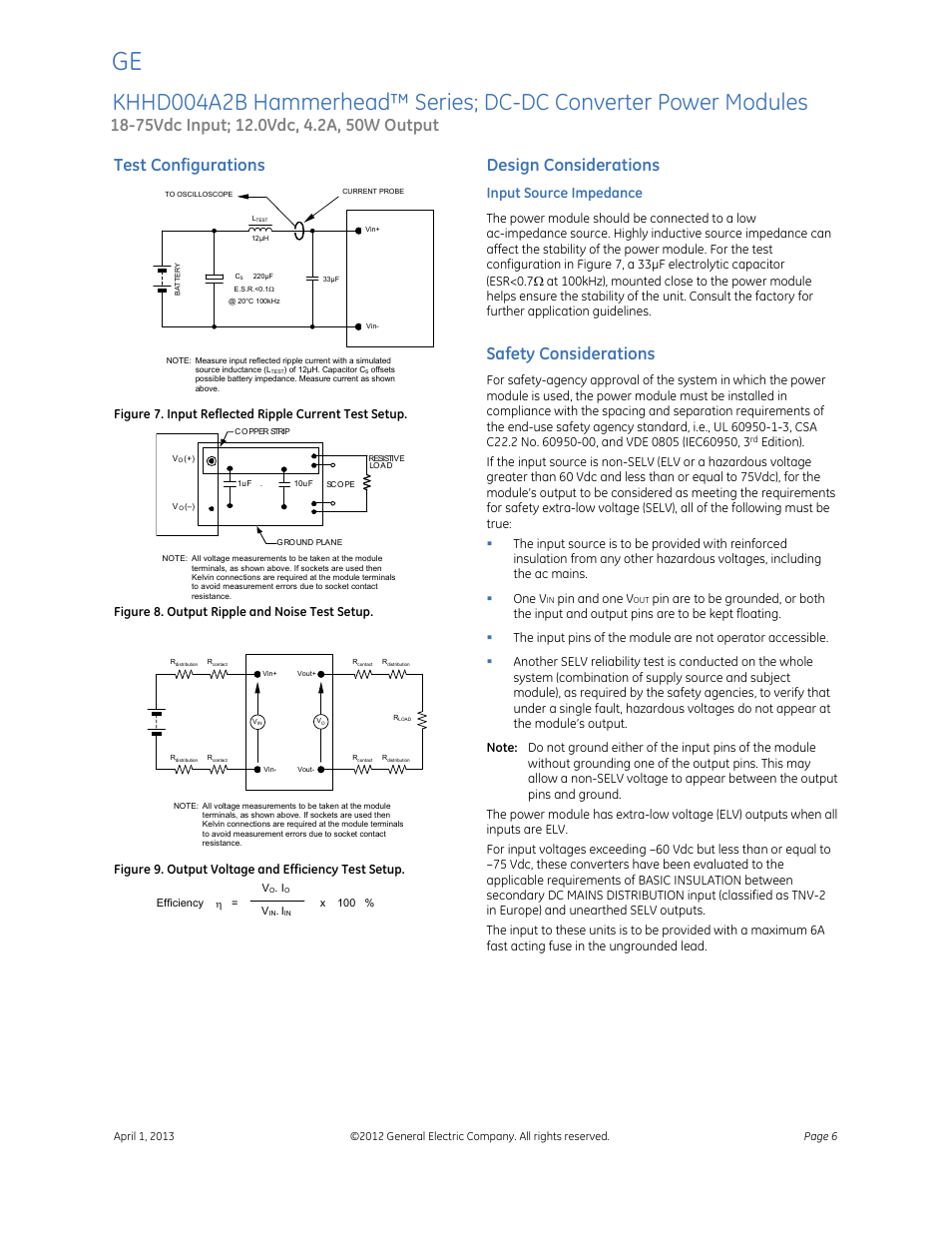 Data sheet, Test configurations, Design considerations | Safety considerations, Input source impedance, Figure 8. output ripple and noise test setup, Figure 9. output voltage and efficiency test setup, Pin and one v | GE Industrial Solutions KHHD004A2B Hammerhead Series User Manual | Page 6 / 16