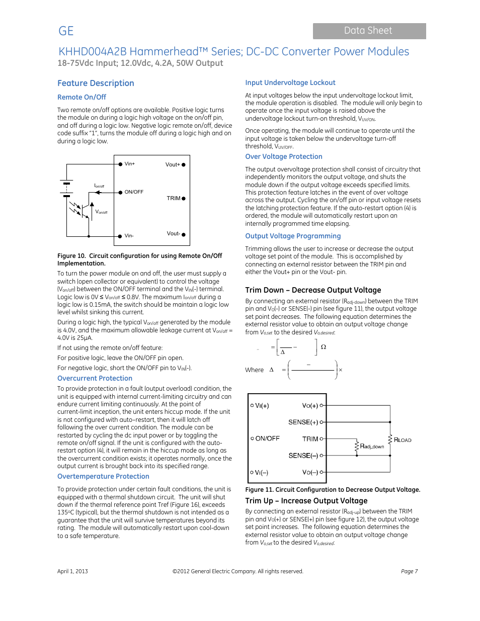 Data sheet, Feature description, Trim down – decrease output voltage | Trim up – increase output voltage | GE Industrial Solutions KHHD004A2B Hammerhead Series User Manual | Page 7 / 16
