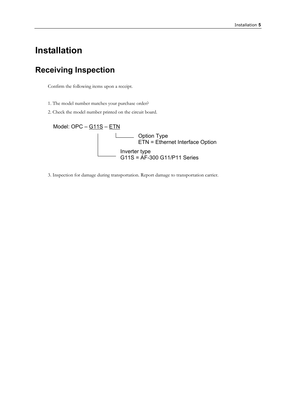 Installation, Receiving inspection | GE Industrial Solutions AF-300 P11_G11 Ethernet Interface User Manual | Page 11 / 55