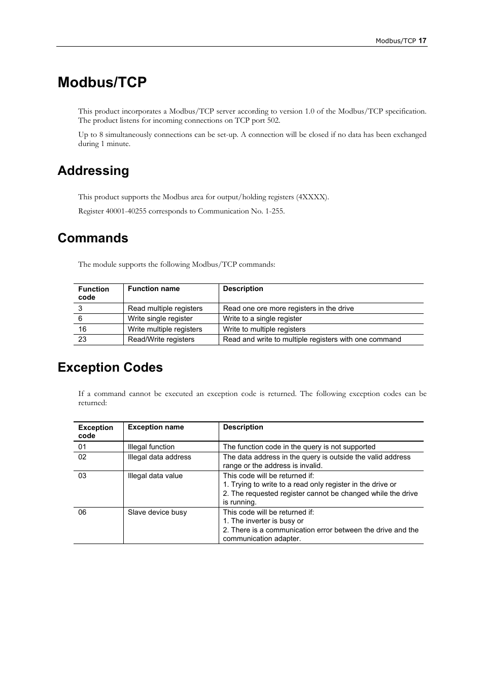 Modbus/tcp, Addressing, Commands | Exception codes | GE Industrial Solutions AF-300 P11_G11 Ethernet Interface User Manual | Page 23 / 55