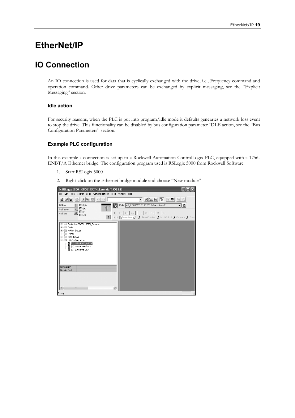 Ethernet/ip, Io connection, Idle action | Example plc configuration | GE Industrial Solutions AF-300 P11_G11 Ethernet Interface User Manual | Page 25 / 55