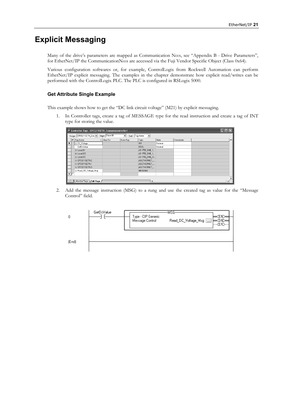 Explicit messaging, Get attribute single example | GE Industrial Solutions AF-300 P11_G11 Ethernet Interface User Manual | Page 27 / 55
