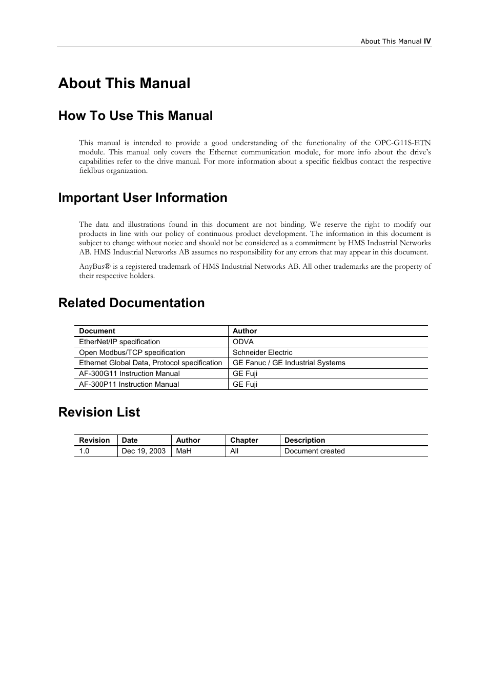 About this manual, How to use this manual, Important user information | Related documentation, Revision list | GE Industrial Solutions AF-300 P11_G11 Ethernet Interface User Manual | Page 5 / 55
