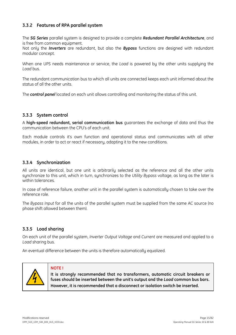 2 features of rpa parallel system, 3 system control, Synchronization | 5 load sharing, Features of rpa parallel system, System control, Load sharing, 4 synchronization | GE Industrial Solutions SG Series 50 & 80 kVA Operating Manual User Manual | Page 15 / 82