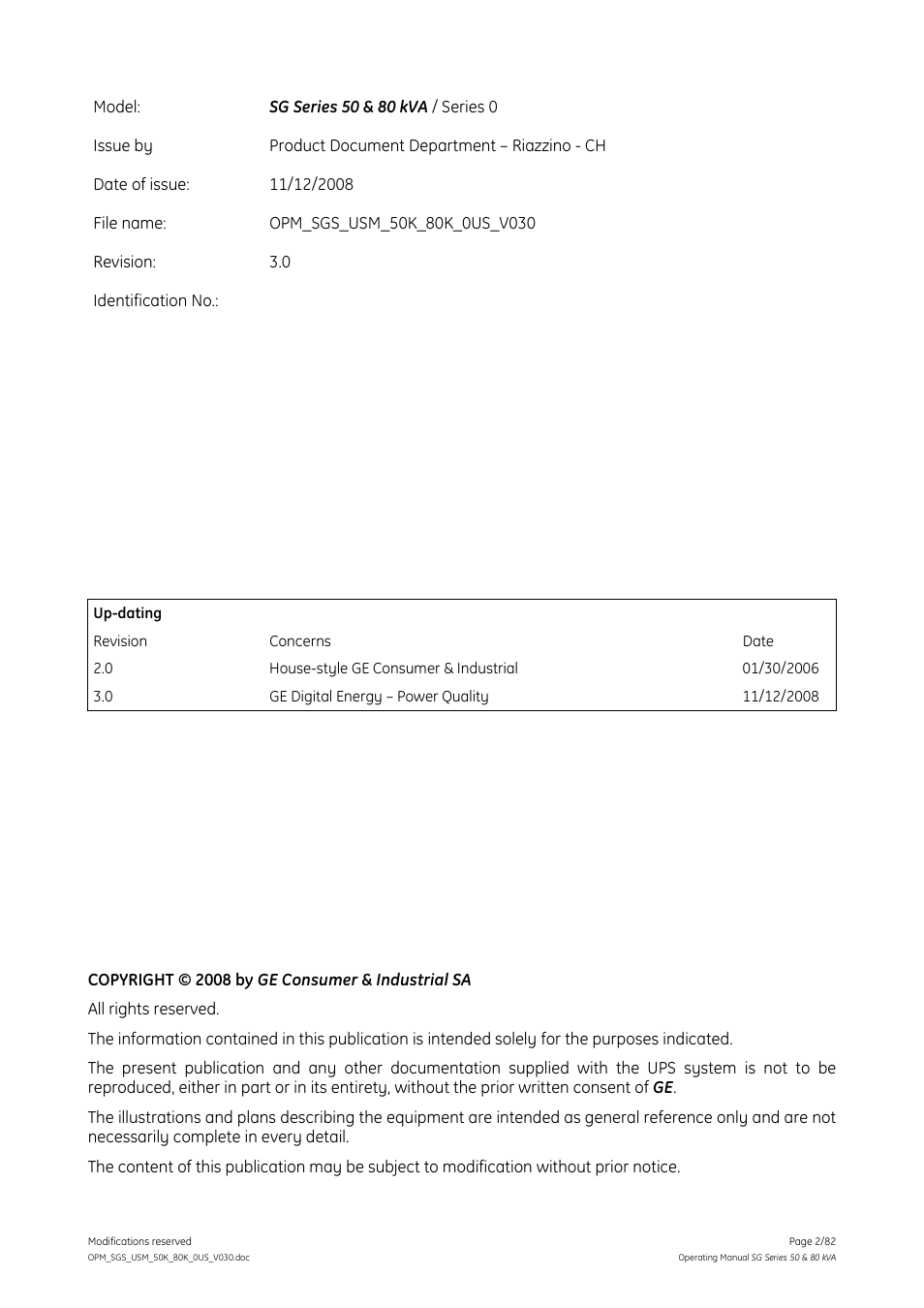 GE Industrial Solutions SG Series 50 & 80 kVA Operating Manual User Manual | Page 2 / 82