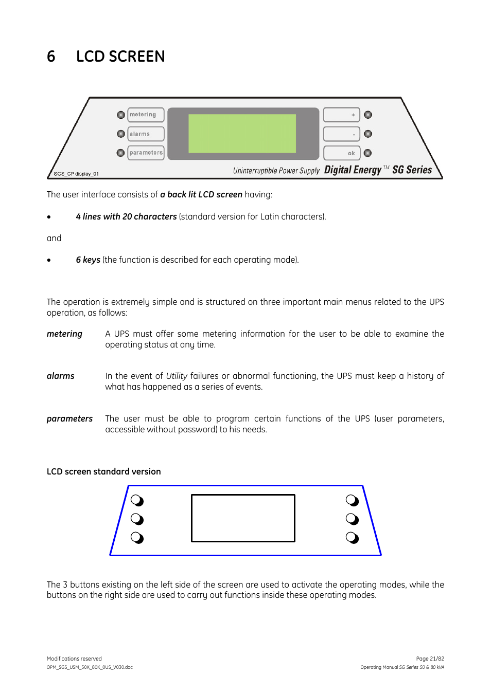 Lcd screen, 6 lcd screen | GE Industrial Solutions SG Series 50 & 80 kVA Operating Manual User Manual | Page 21 / 82