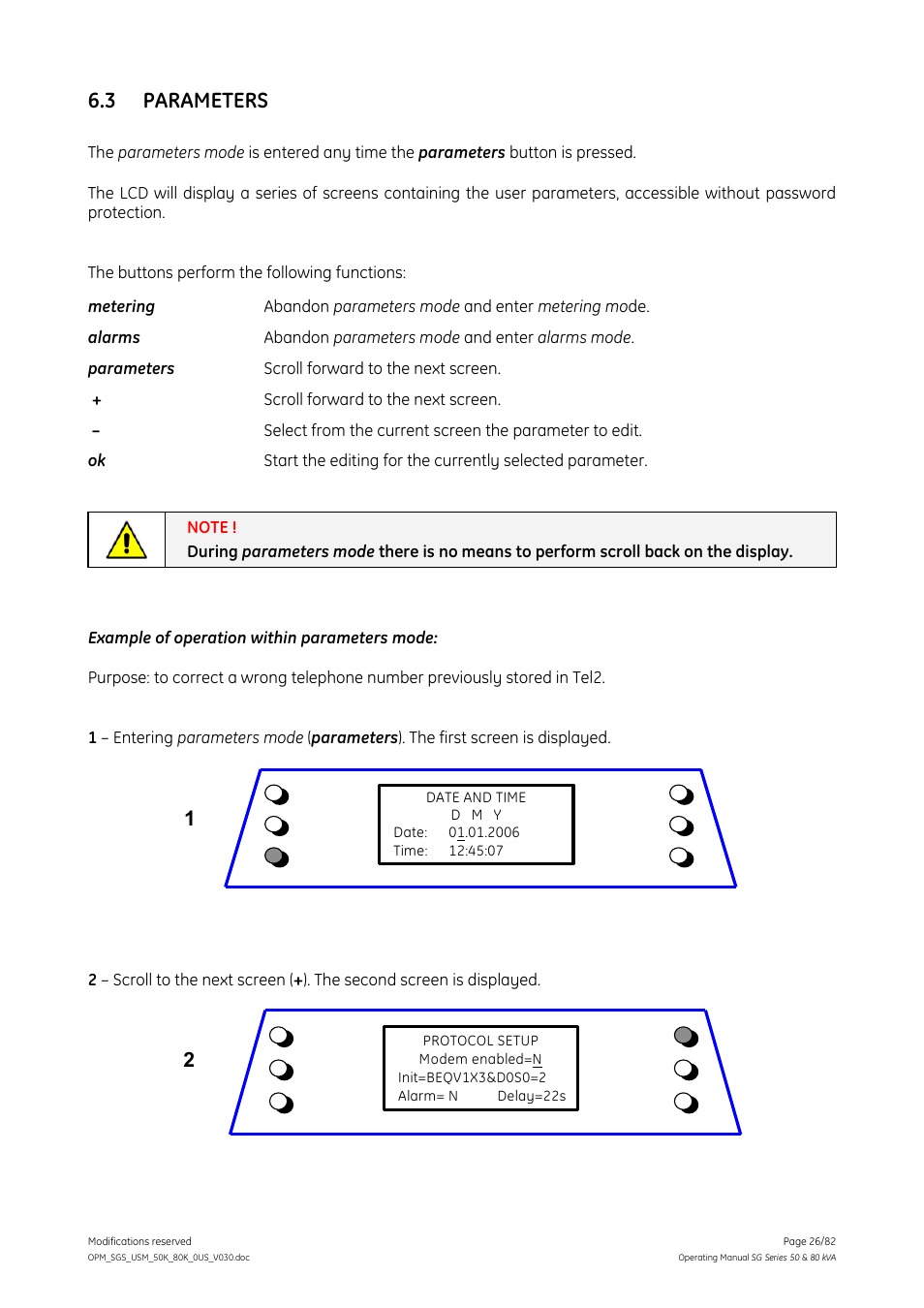 3 parameters, Parameters | GE Industrial Solutions SG Series 50 & 80 kVA Operating Manual User Manual | Page 26 / 82