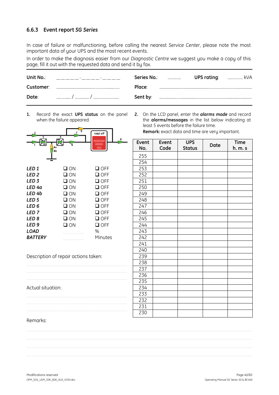Event report sg series | GE Industrial Solutions SG Series 50 & 80 kVA Operating Manual User Manual | Page 40 / 82