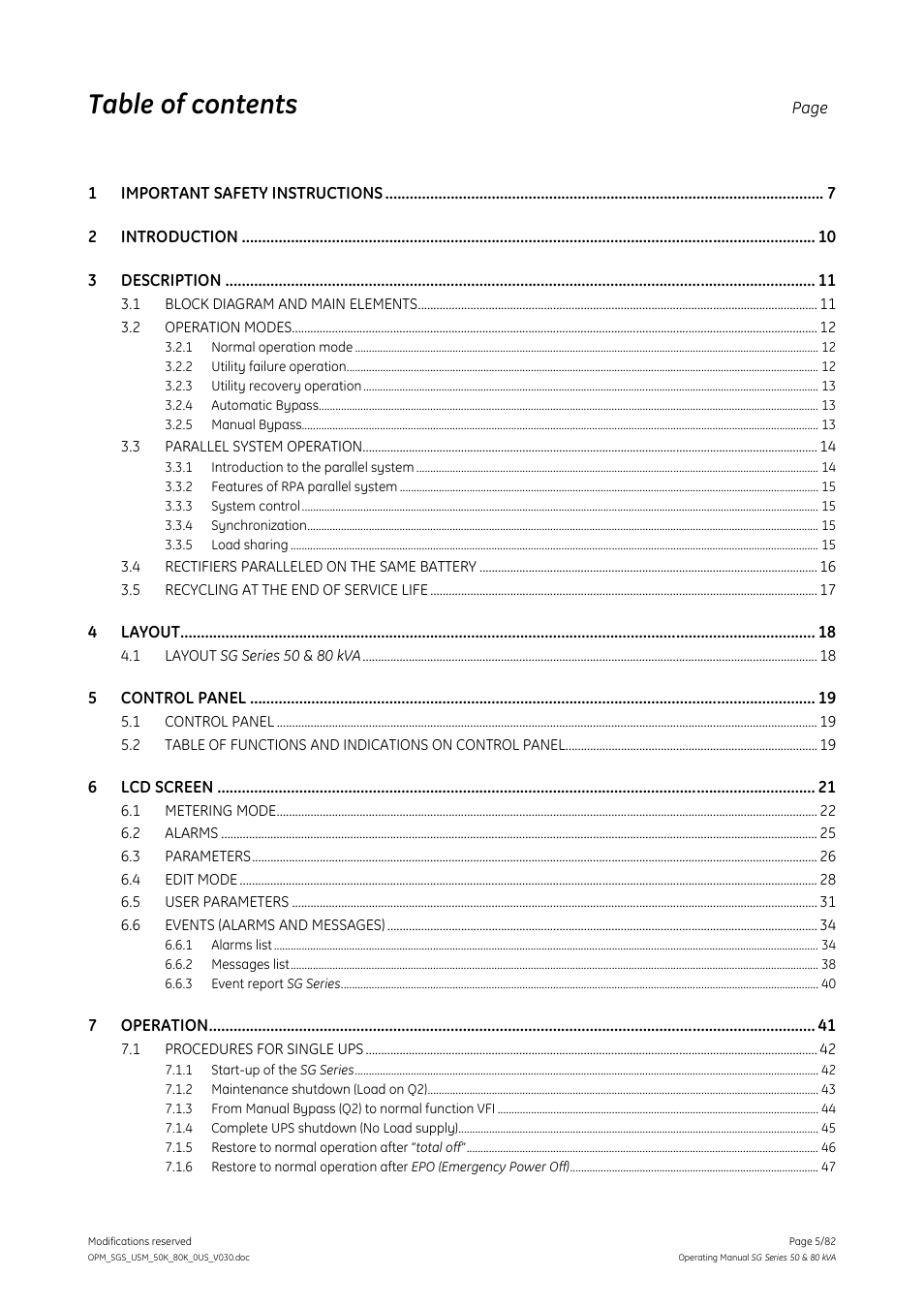 GE Industrial Solutions SG Series 50 & 80 kVA Operating Manual User Manual | Page 5 / 82
