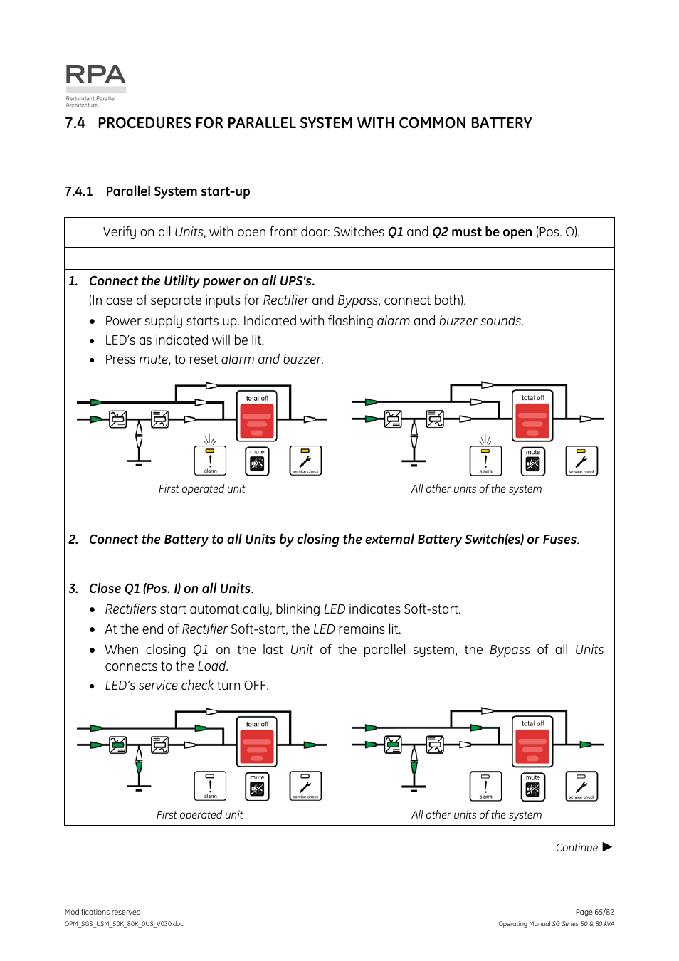 1 parallel system start-up, Procedures for parallel system with common battery, Parallel system start-up | GE Industrial Solutions SG Series 50 & 80 kVA Operating Manual User Manual | Page 65 / 82