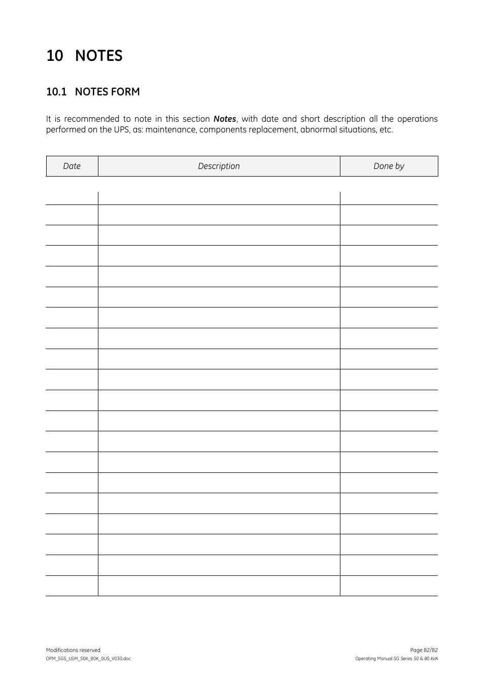 10 notes, 1 notes form, Notes | Notes form | GE Industrial Solutions SG Series 50 & 80 kVA Operating Manual User Manual | Page 82 / 82
