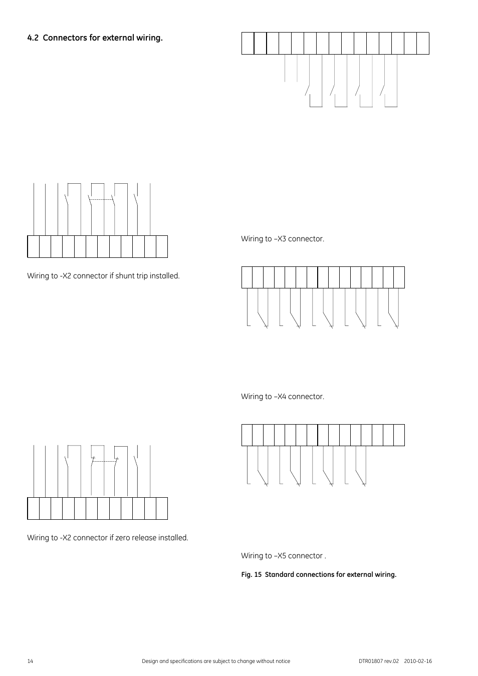 2 connectors for external wiring, Fig. 15 standard connections for external wiring | GE Industrial Solutions GERAPID 8007R, 10007R WITH ARC CHUTES 1X2, 1X3 User Manual | Page 14 / 41