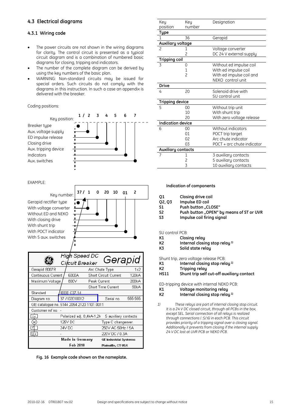 3 electrical diagrams, 1 wiring code, Fig. 16 example code shown on the nameplate | Indication of components | GE Industrial Solutions GERAPID 8007R, 10007R WITH ARC CHUTES 1X2, 1X3 User Manual | Page 15 / 41