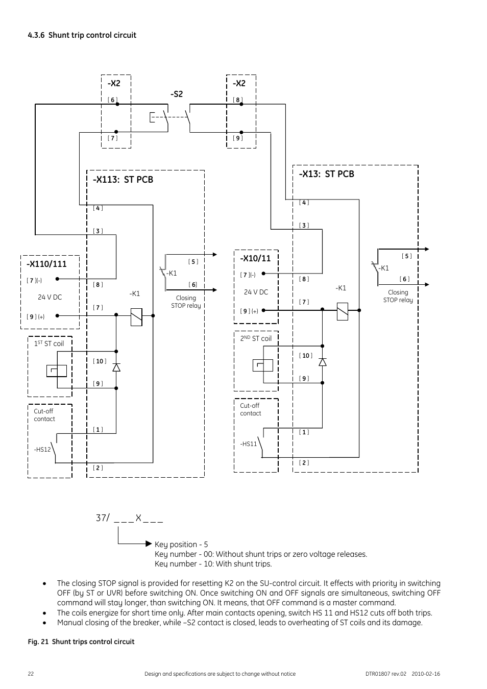 6 shunt trip control circuit, Fig. 21 shunt trips control circuit, X113: st pcb | 37/ _ _ _ x, X13: st pcb | GE Industrial Solutions GERAPID 8007R, 10007R WITH ARC CHUTES 1X2, 1X3 User Manual | Page 22 / 41