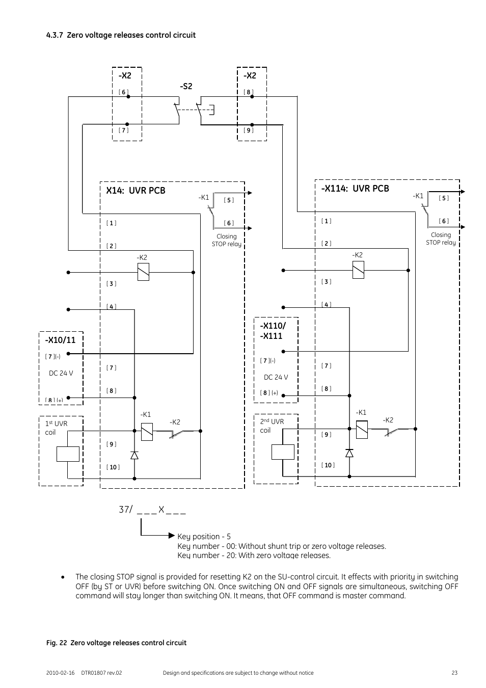 7 zero voltage releases control circuit, Fig. 22 zero voltage releases control circuit, 37/ _ _ _ x | X14: uvr pcb, X114: uvr pcb | GE Industrial Solutions GERAPID 8007R, 10007R WITH ARC CHUTES 1X2, 1X3 User Manual | Page 23 / 41