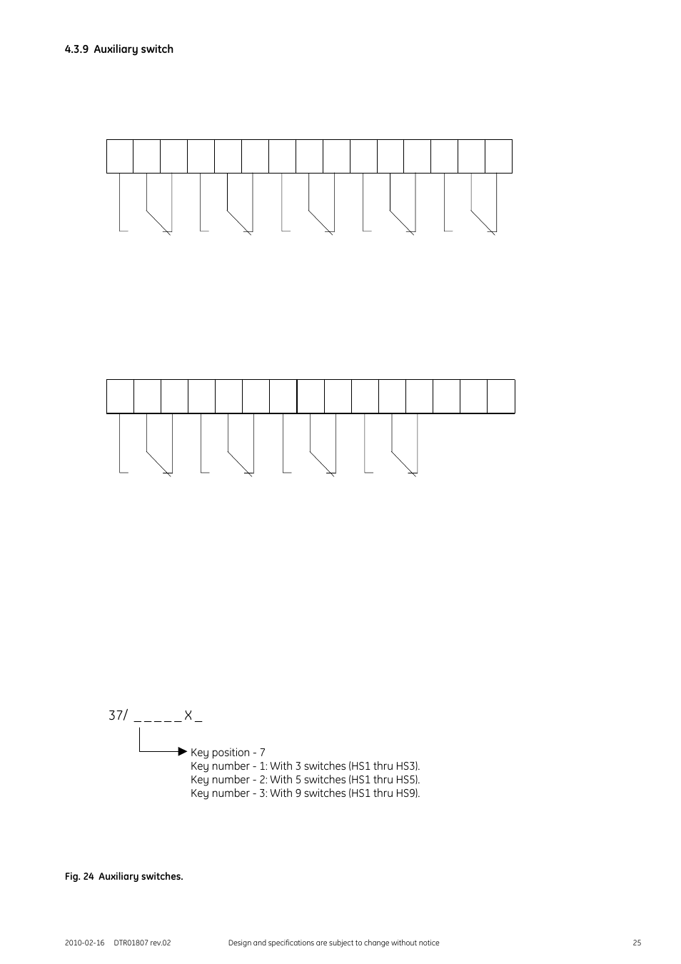 9 auxiliary switch, Fig. 24 auxiliary switches, 37/ _ _ _ _ _ x | GE Industrial Solutions GERAPID 8007R, 10007R WITH ARC CHUTES 1X2, 1X3 User Manual | Page 25 / 41