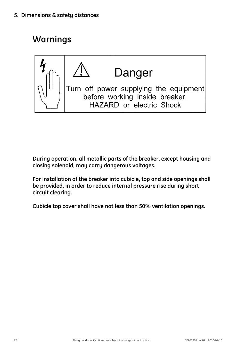 Dimensions & safety distances, Warnings | GE Industrial Solutions GERAPID 8007R, 10007R WITH ARC CHUTES 1X2, 1X3 User Manual | Page 26 / 41