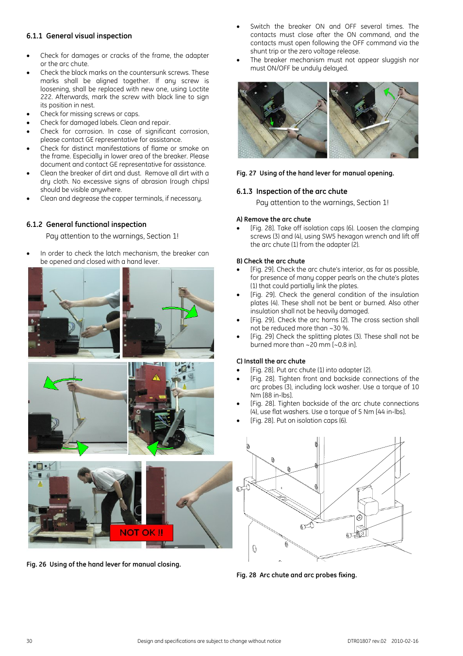 1 general visual inspection, 2 general functional inspection, Pay attention to the warnings, section 1 | Fig. 26 using of the hand lever for manual closing, Fig. 27 using of the hand lever for manual opening, 3 inspection of the arc chute, A) remove the arc chute, B) check the arc chute, C) install the arc chute, Fig. 28 arc chute and arc probes fixing | GE Industrial Solutions GERAPID 8007R, 10007R WITH ARC CHUTES 1X2, 1X3 User Manual | Page 30 / 41