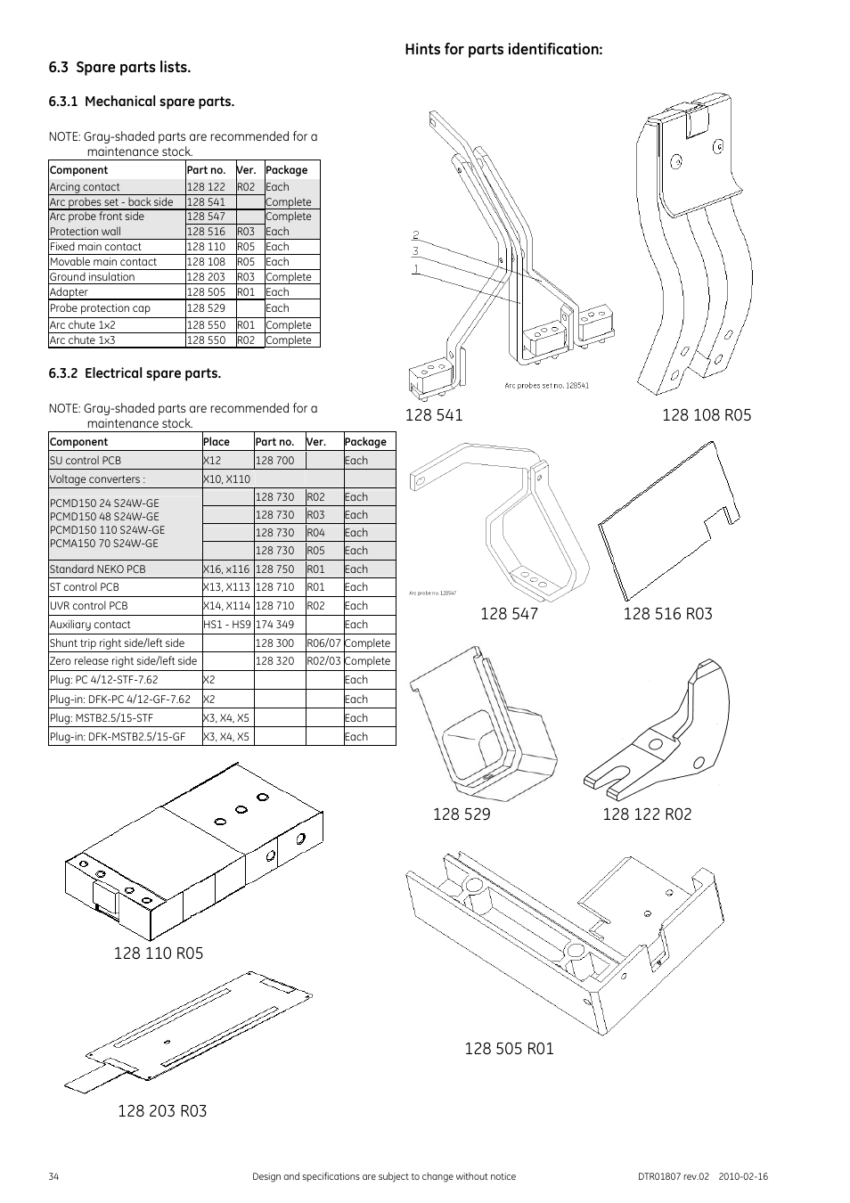 3 spare parts lists, 1 mechanical spare parts, 2 electrical spare parts | GE Industrial Solutions GERAPID 8007R, 10007R WITH ARC CHUTES 1X2, 1X3 User Manual | Page 34 / 41