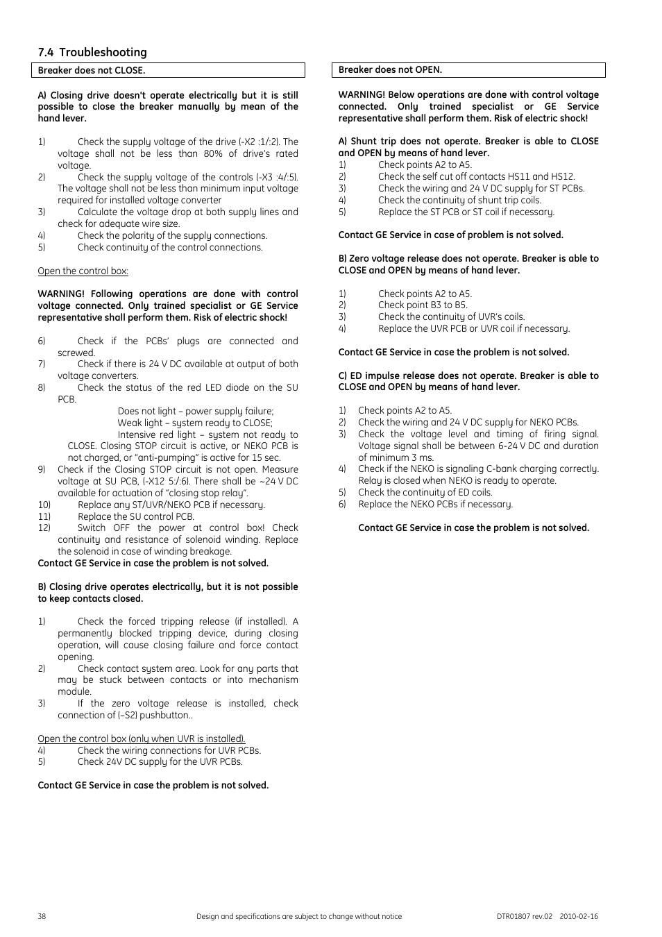 4 troubleshooting | GE Industrial Solutions GERAPID 8007R, 10007R WITH ARC CHUTES 1X2, 1X3 User Manual | Page 38 / 41