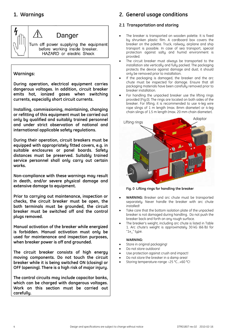 Warnings, General usage conditions, 1 transportation and storing | GE Industrial Solutions GERAPID 8007R, 10007R WITH ARC CHUTES 1X2, 1X3 User Manual | Page 4 / 41