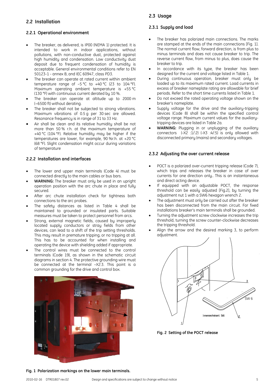 2 installation, 1 operational environment, 2 installation and interfaces | 1 supply and load, 2 adjusting the over current release, Fig. 2 setting of the poct release, Technical information, 3 usage | GE Industrial Solutions GERAPID 8007R, 10007R WITH ARC CHUTES 1X2, 1X3 User Manual | Page 5 / 41