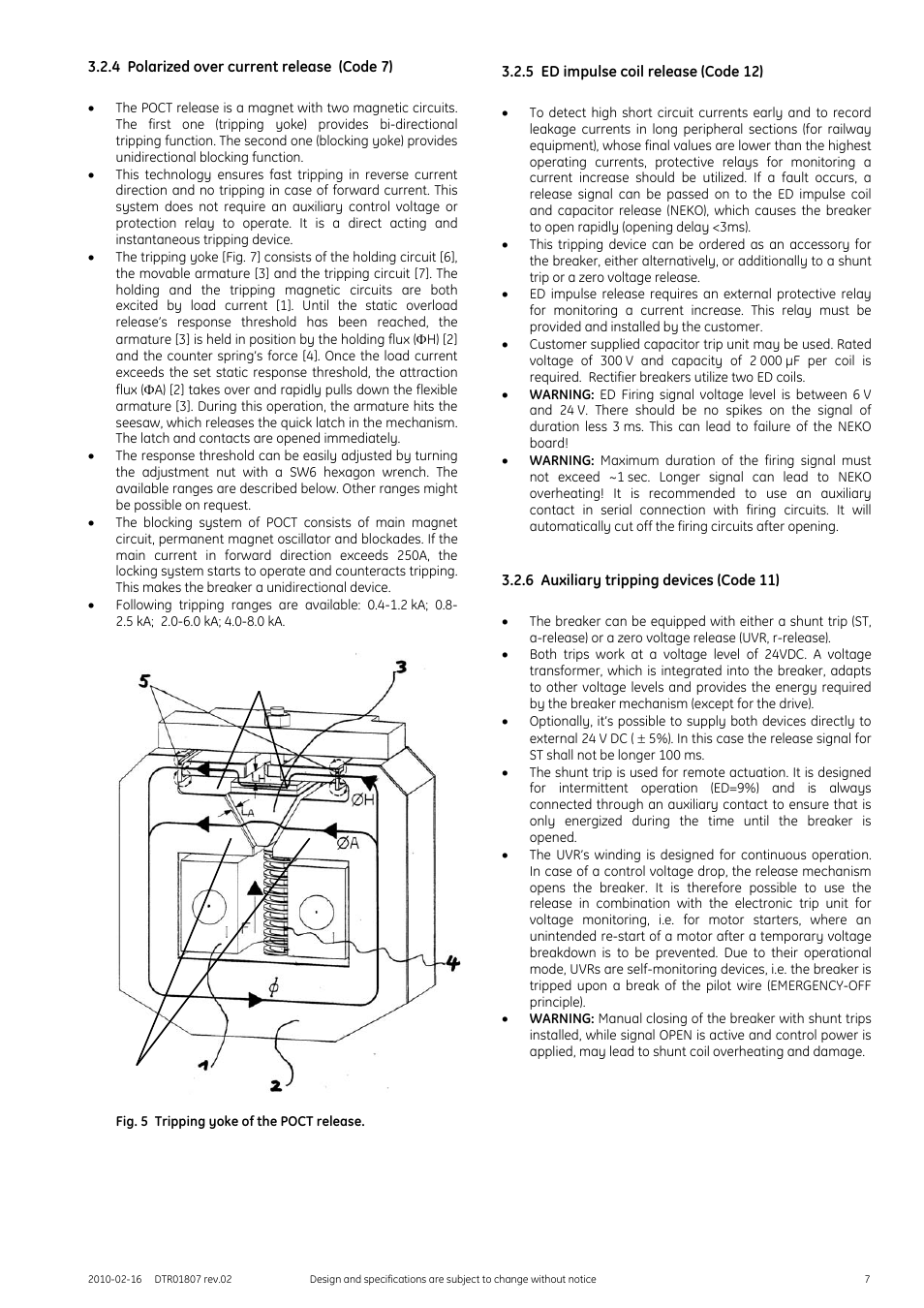 4 polarized over current release (code 7), Fig. 5 tripping yoke of the poct release, 5 ed impulse coil release (code 12) | 6 auxiliary tripping devices (code 11), 7 forced tripping release (code 13) | GE Industrial Solutions GERAPID 8007R, 10007R WITH ARC CHUTES 1X2, 1X3 User Manual | Page 7 / 41
