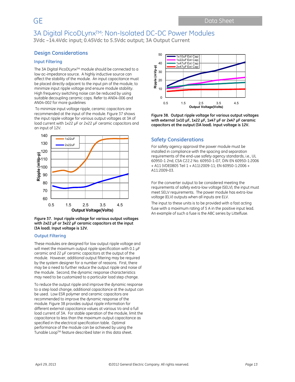 3a digital picodlynx, Non-isolated dc-dc power modules, Data sheet | Design considerations, Safety considerations | GE Industrial Solutions 3A Digital PicoDLynx User Manual | Page 13 / 40