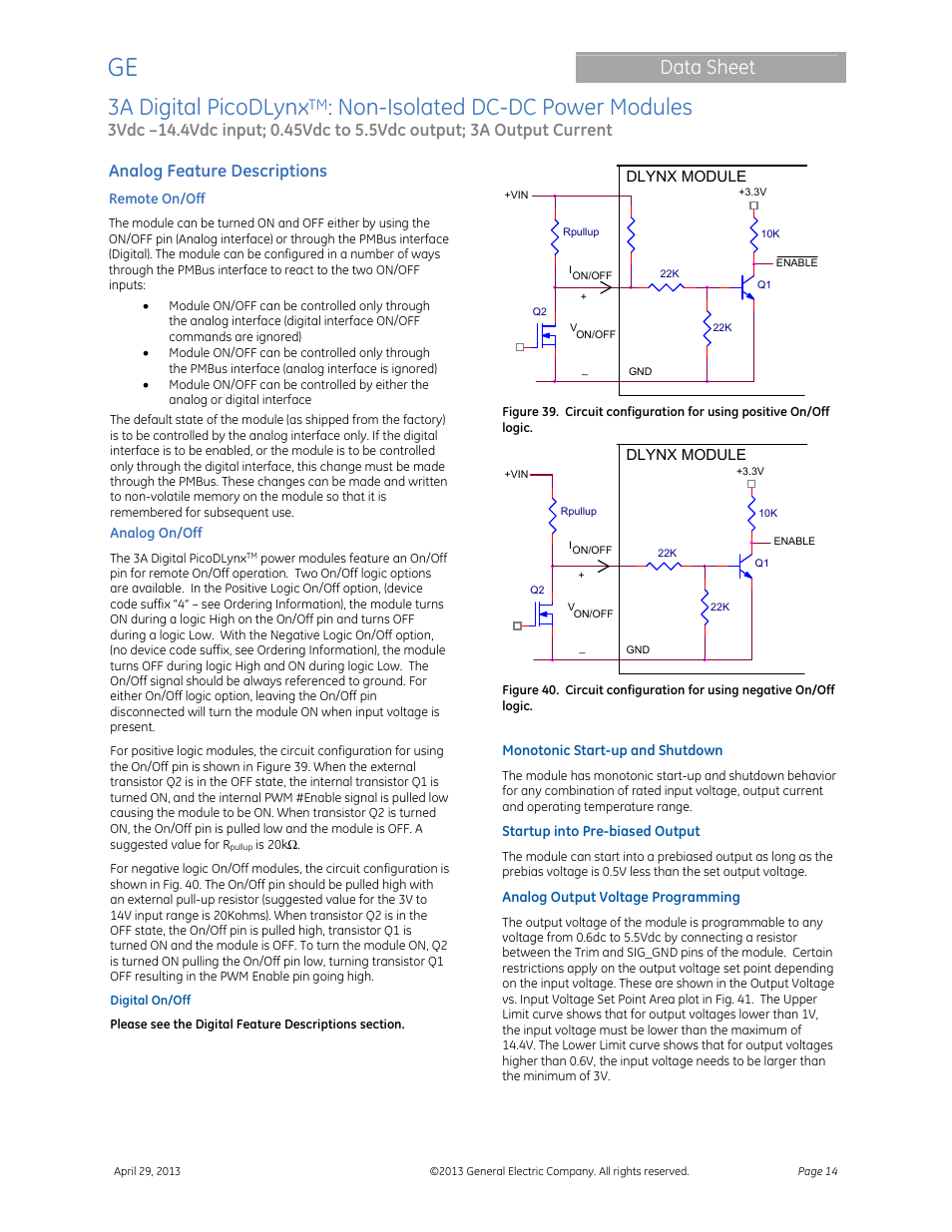 3a digital picodlynx, Non-isolated dc-dc power modules, Data sheet | Analog feature descriptions | GE Industrial Solutions 3A Digital PicoDLynx User Manual | Page 14 / 40