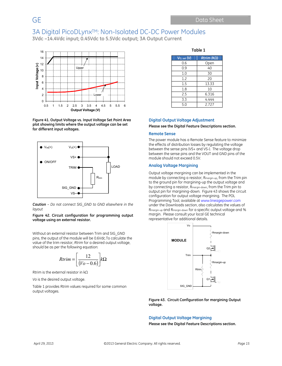 3a digital picodlynx, Non-isolated dc-dc power modules, Data sheet | Ω      − = k vo rtrim 6 . 0 12 | GE Industrial Solutions 3A Digital PicoDLynx User Manual | Page 15 / 40