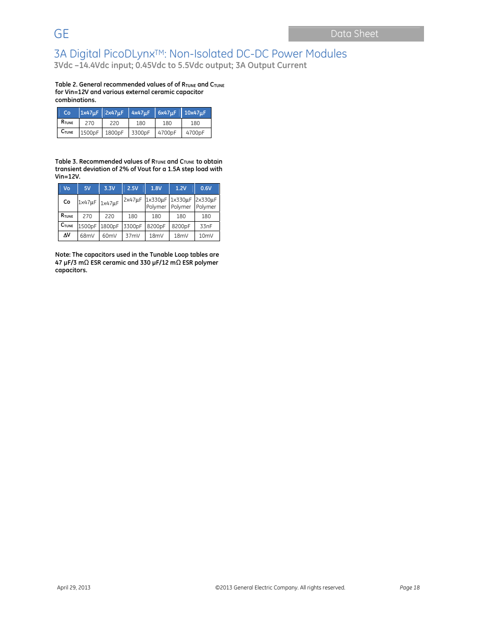 3a digital picodlynx, Non-isolated dc-dc power modules, Data sheet | GE Industrial Solutions 3A Digital PicoDLynx User Manual | Page 18 / 40