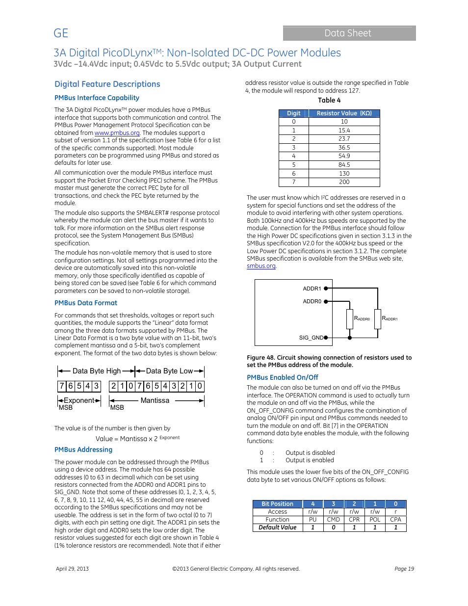 3a digital picodlynx, Non-isolated dc-dc power modules, Data sheet | Digital feature descriptions | GE Industrial Solutions 3A Digital PicoDLynx User Manual | Page 19 / 40