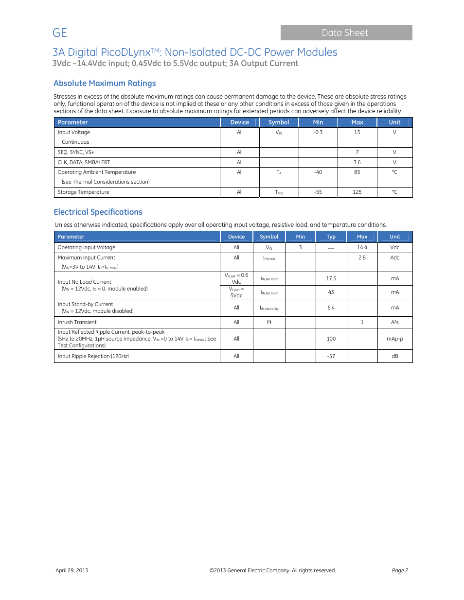 3a digital picodlynx, Non-isolated dc-dc power modules, Data sheet | Absolute maximum ratings, Electrical specifications | GE Industrial Solutions 3A Digital PicoDLynx User Manual | Page 2 / 40