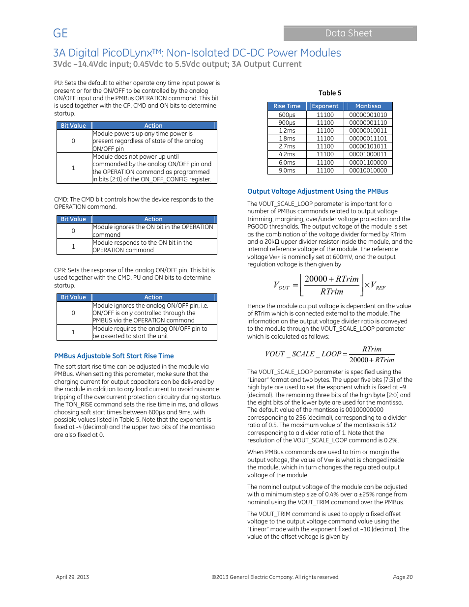 3a digital picodlynx, Non-isolated dc-dc power modules, Data sheet | GE Industrial Solutions 3A Digital PicoDLynx User Manual | Page 20 / 40