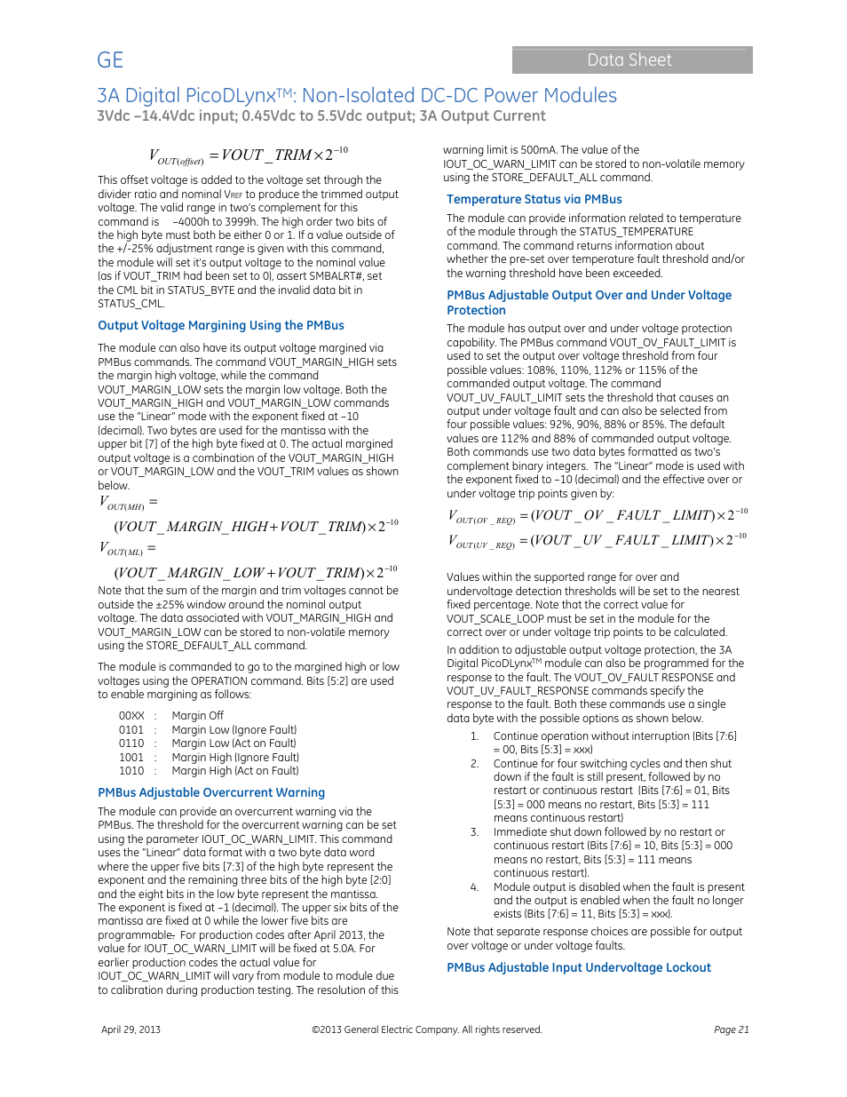 3a digital picodlynx, Non-isolated dc-dc power modules, Data sheet | GE Industrial Solutions 3A Digital PicoDLynx User Manual | Page 21 / 40