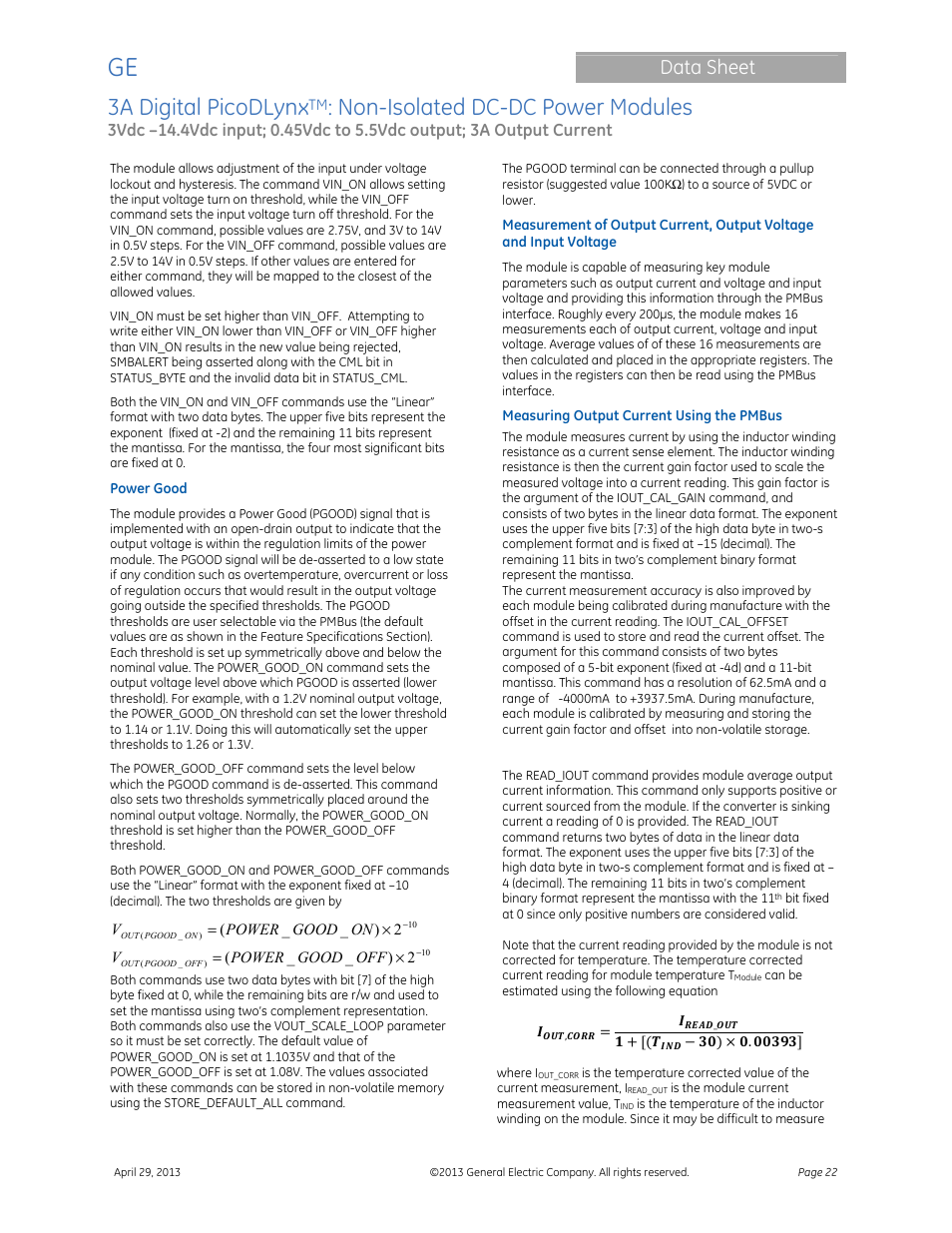 3a digital picodlynx, Non-isolated dc-dc power modules, Data sheet | GE Industrial Solutions 3A Digital PicoDLynx User Manual | Page 22 / 40